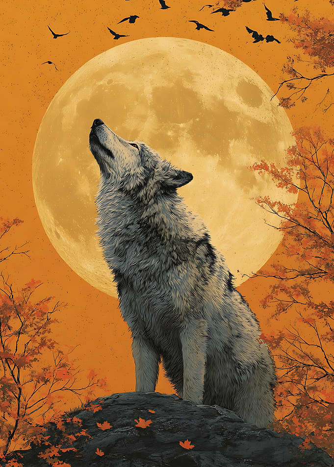 Wolf Howling at Autumn Moon