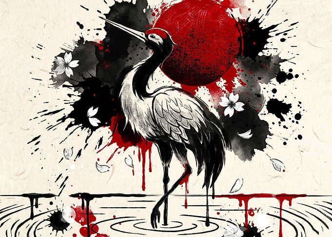 Japanese Red-Crowned Crane Ink Art