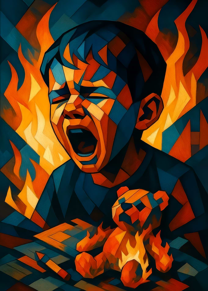 Crying Child with Burning Teddy Bear