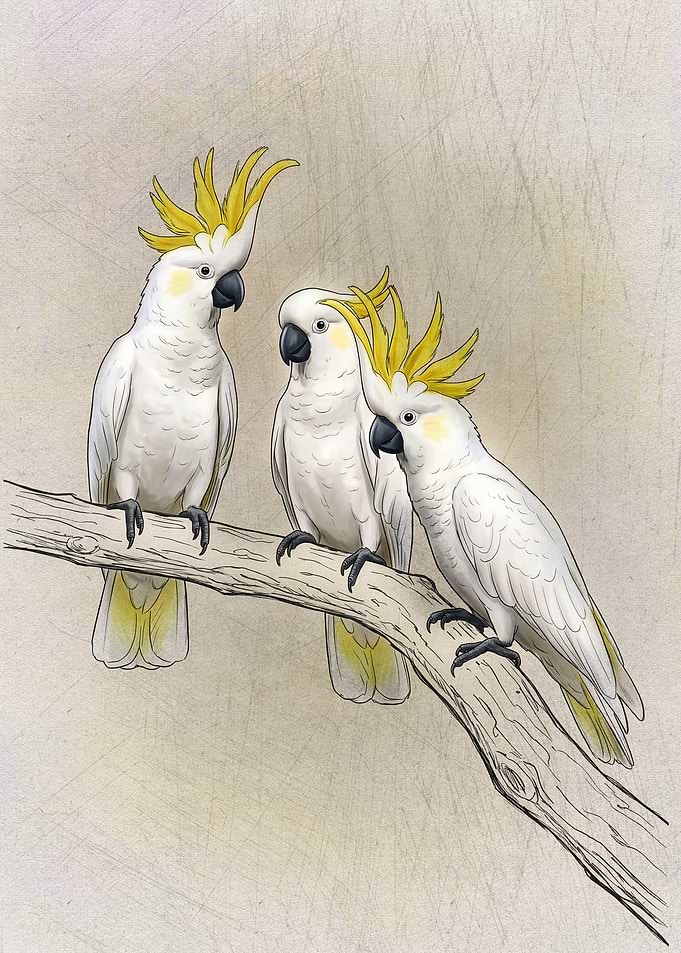 Three Sulphur-Crested Cockatoos on Branch
