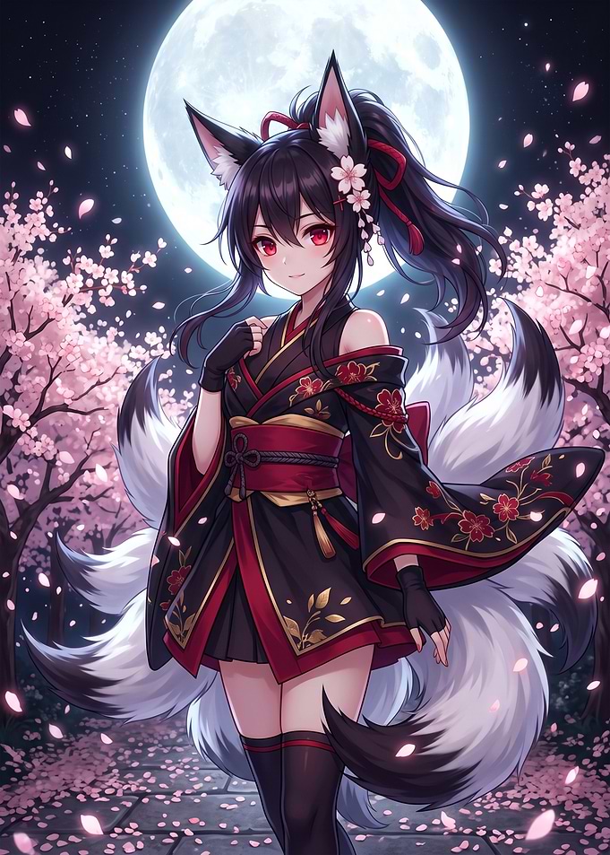 Anime Fox Girl Under cherry blossom Moon