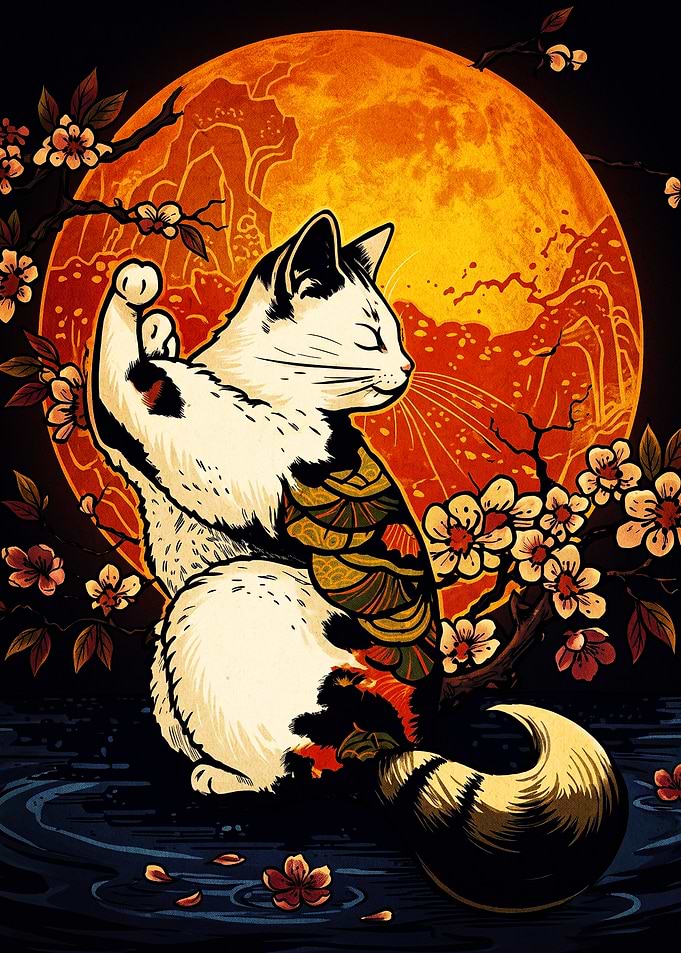 Lucky Cat with Japanese Tattoo Art