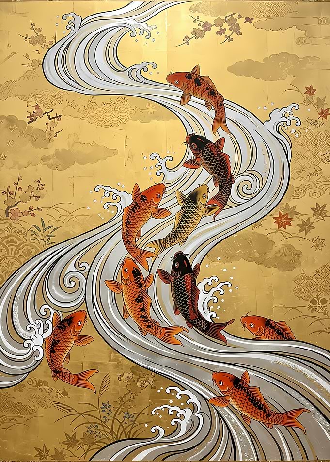 Koi Fish Swimming in Golden Stream