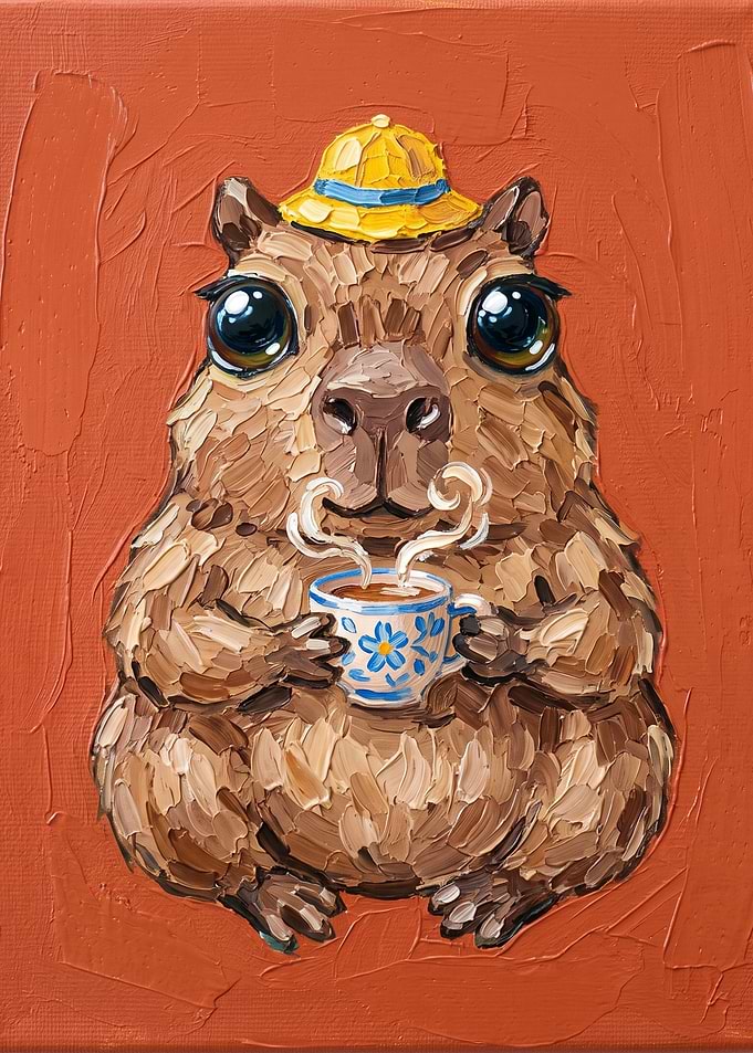 Capybara Drinking Tea Oil Painting