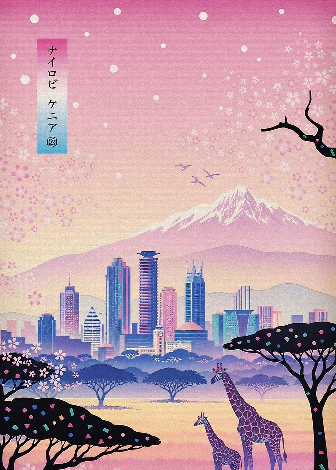 Nairobi Skyline with Giraffes and Sakura