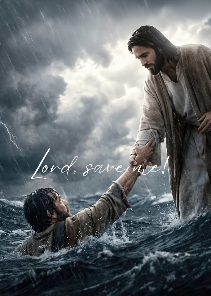 Jesus Saving Peter on Stormy Sea
