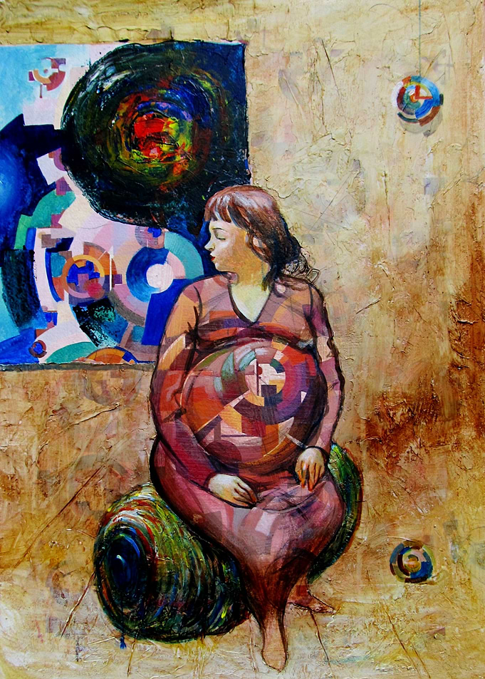 Pregnant Woman with Abstract Geometric Art