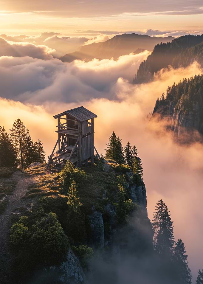 Mountain Watchtower Above the Clouds at Sunrise