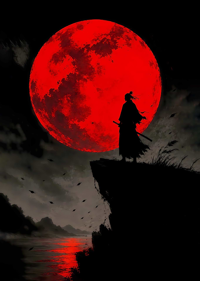 Samurai Standing Under Red Moon