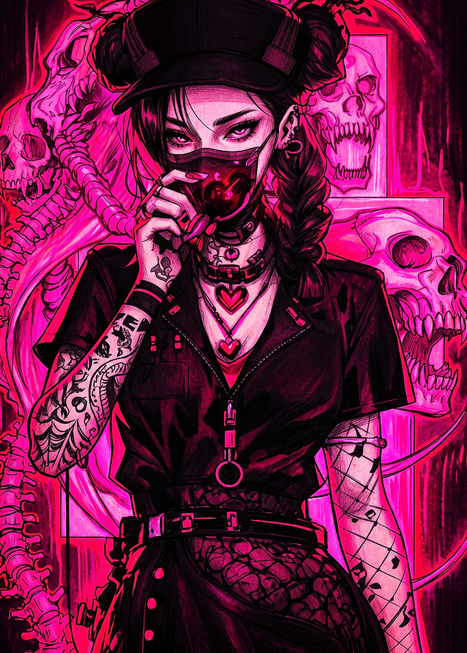 Neon Gothic Anime Girl with Skulls