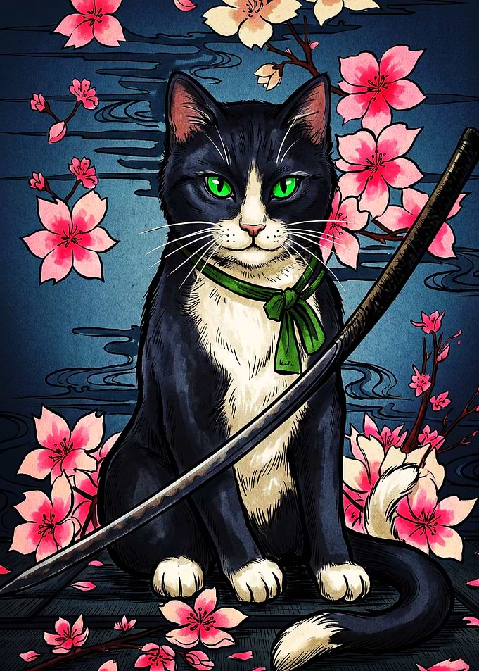 Samurai Cat with Cherry Blossoms