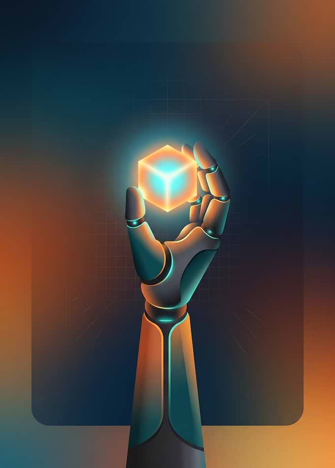 Robotic Hand Holding Glowing Cube