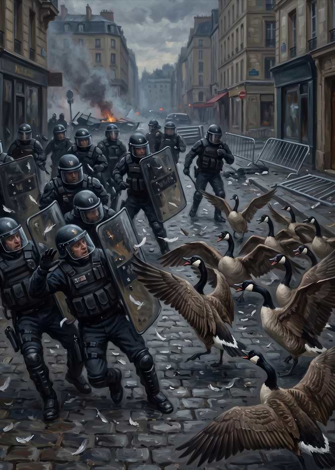 Riot Police Confronting Aggressive Geese