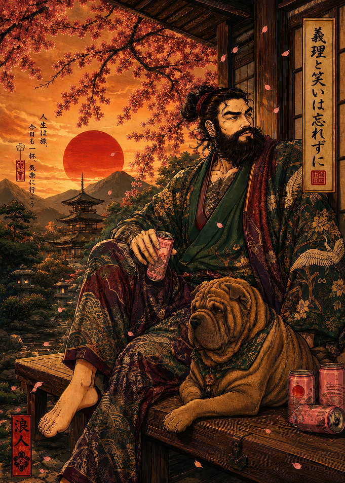 Samurai Relaxing with Dog at Sunset