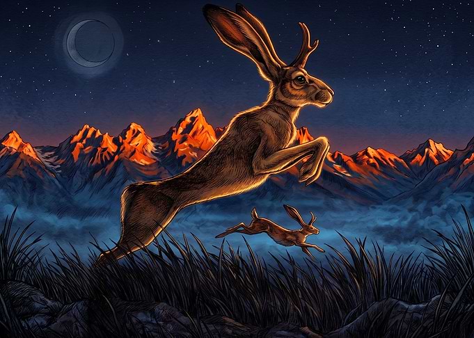 Jackalope leaping in mountain landscape