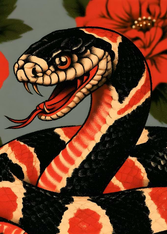 Traditional Tattoo Style Snake and Flowers