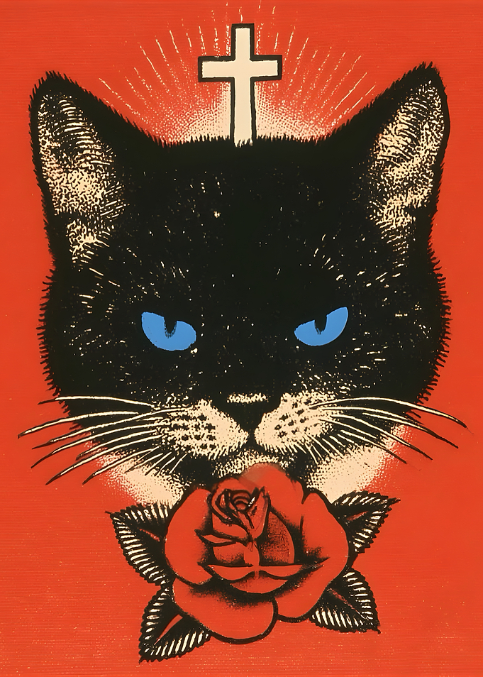 Black Cat with Rose and Cross
