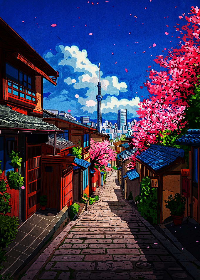 Tokyo Street with Cherry Blossoms