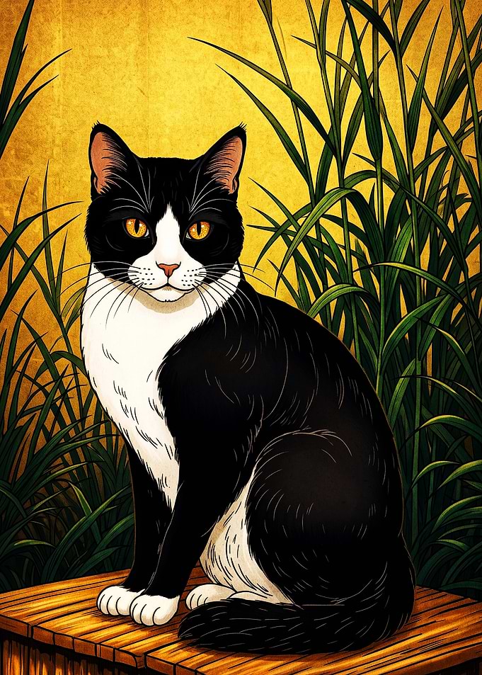 Tuxedo Cat Portrait in Gold