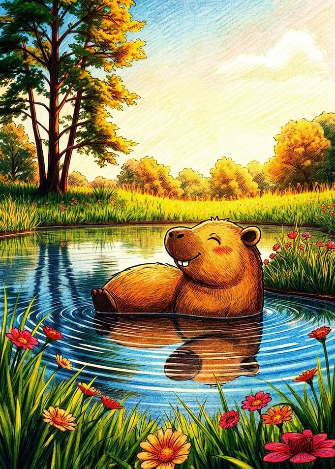 Happy Capybara Swimming in Pond