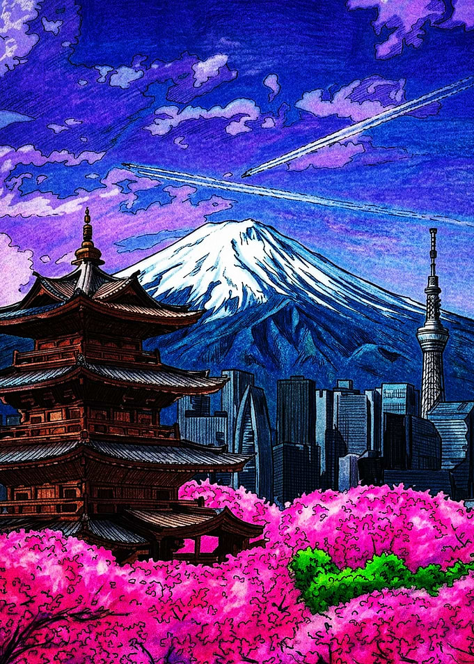 Mount Fuji and Tokyo Skyline Illustration