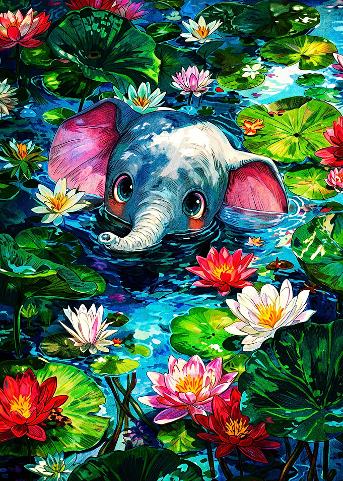 Cute Baby Elephant in Lotus Pond