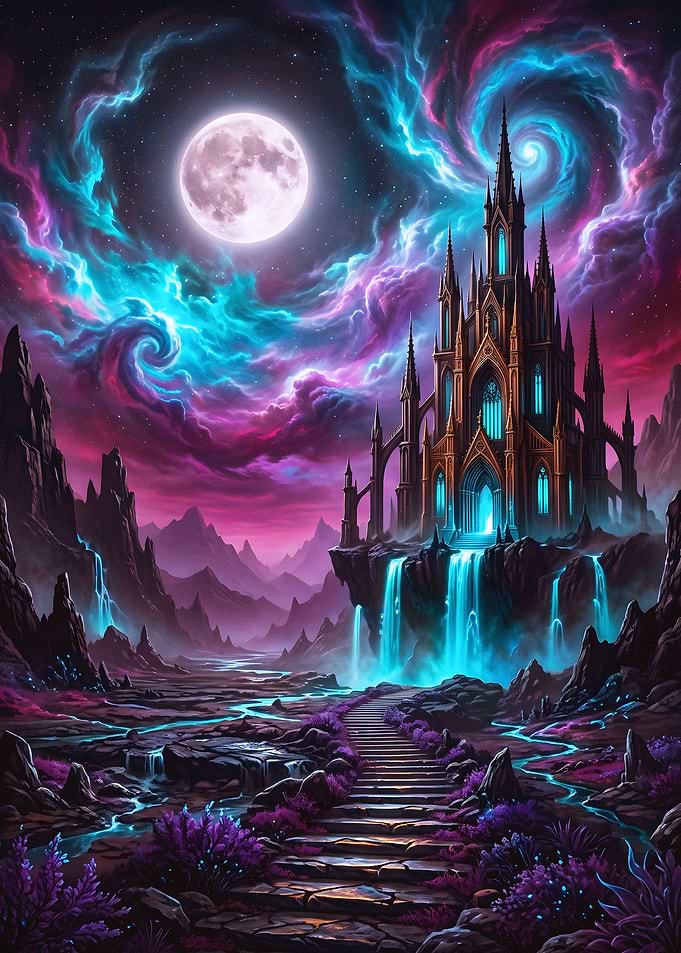 Ethereal Fantasy Castle Under Moonlit Sky