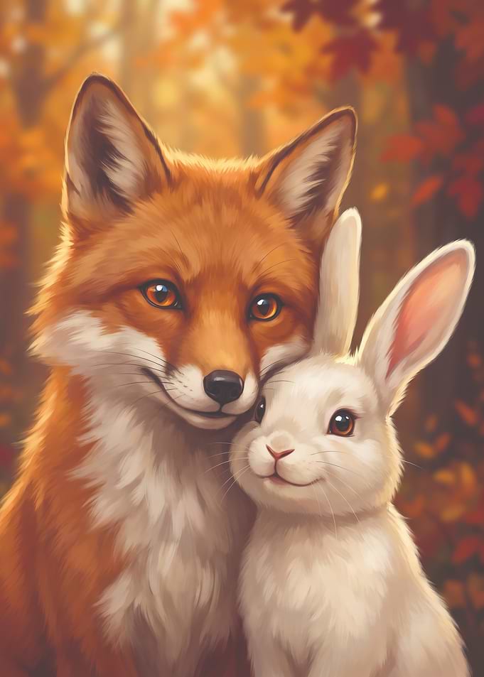 Fox and Rabbit Autumn Friendship