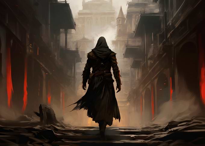 Assassin Walking Through Foggy City Street