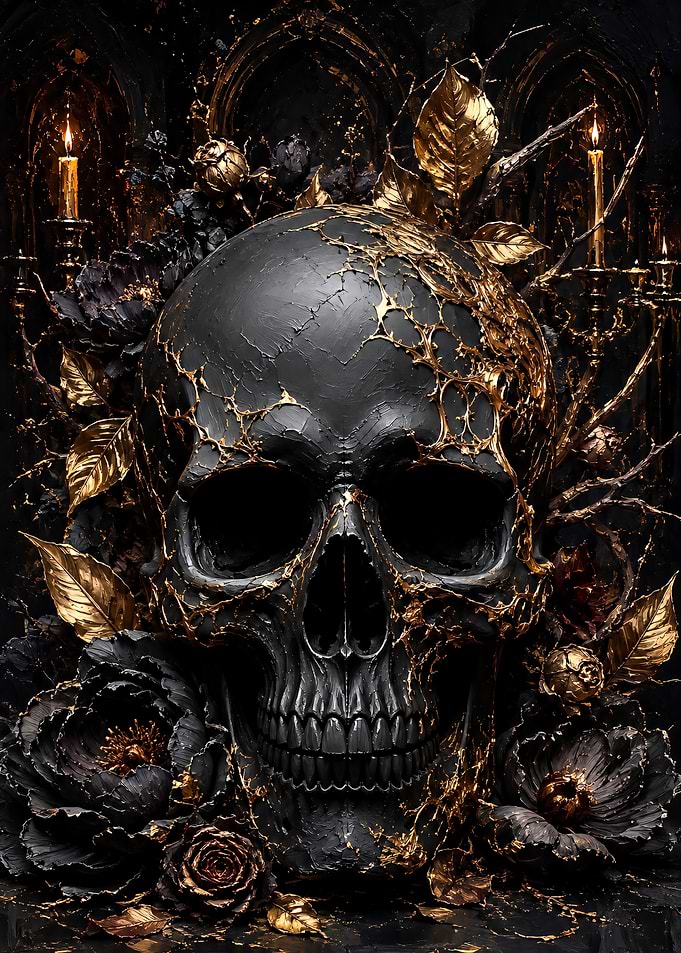 Gothic Black and Gold Skull Art