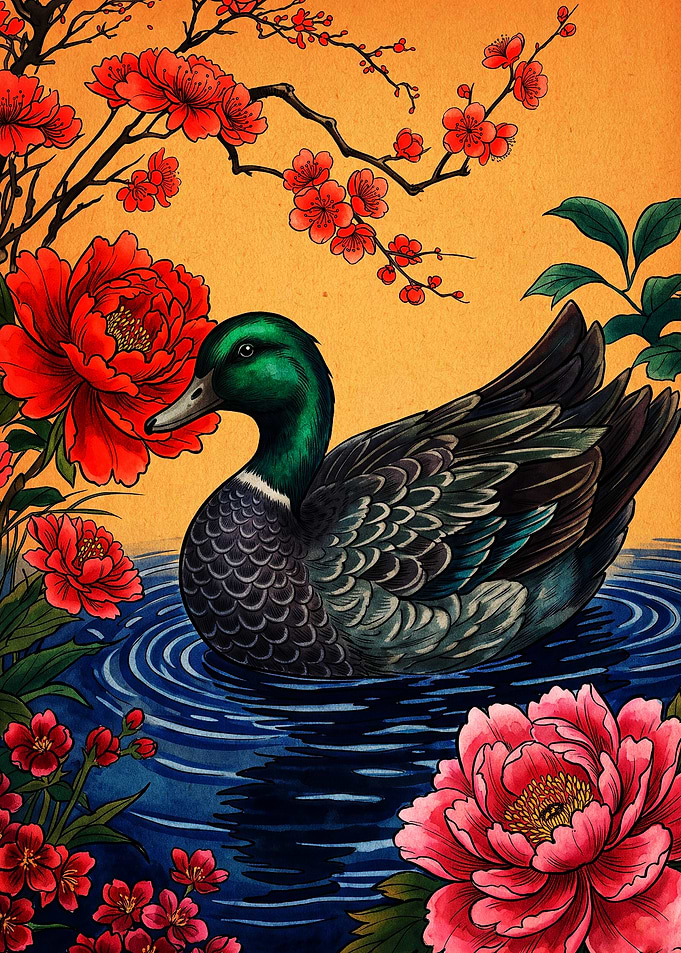 Mallard Duck Among Peonies