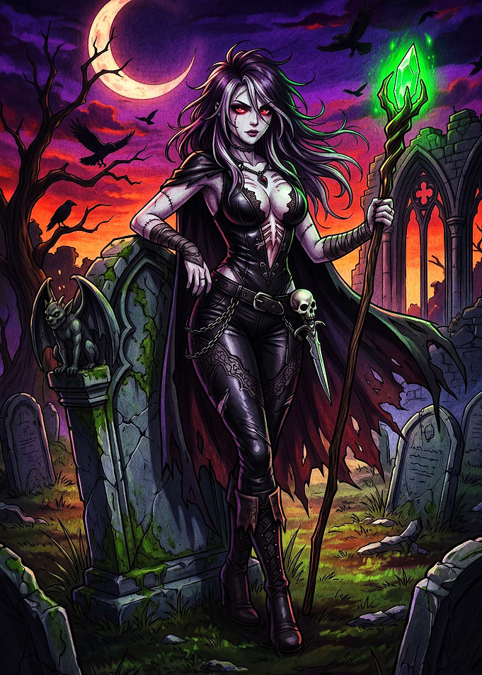 Gothic Necromancer in Haunted Graveyard