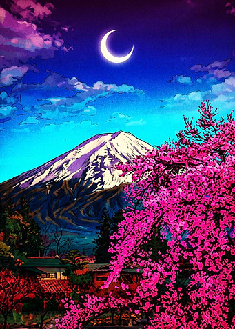 Mount Fuji Under Crescent Moon