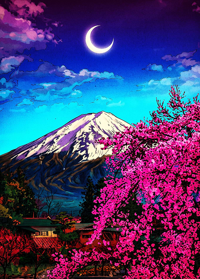 Mount Fuji Under Crescent Moon