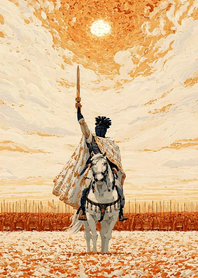 Warrior on Horseback Under Golden Sun