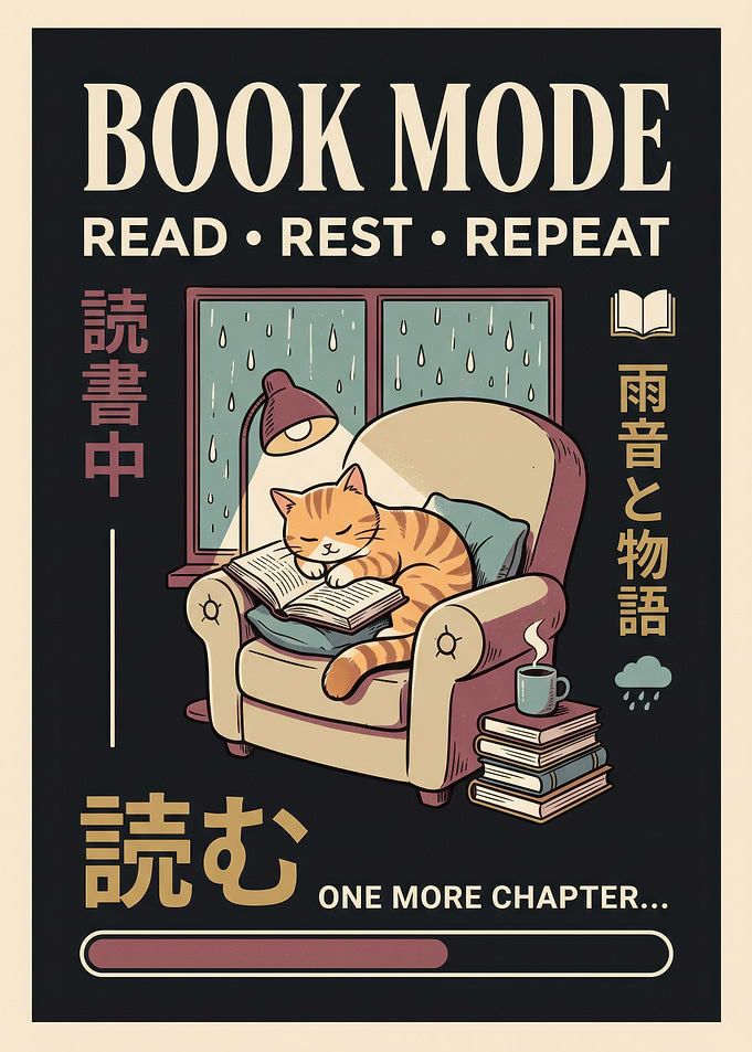 Cozy Cat Reading Book Mode Poster