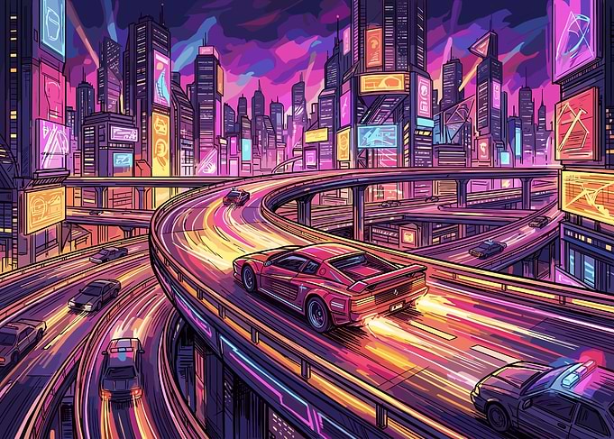 Cyberpunk City Highway Car Chase