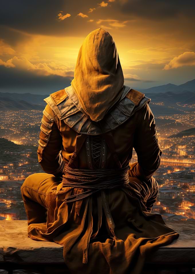 Assassin Overlooking City at Sunset
