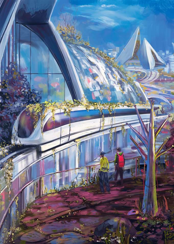 Futuristic Train in Overgrown Cityscape