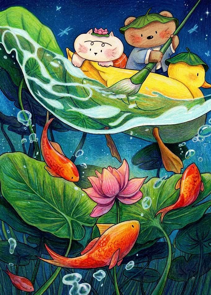 Cute Animals Painting on Lotus Pond