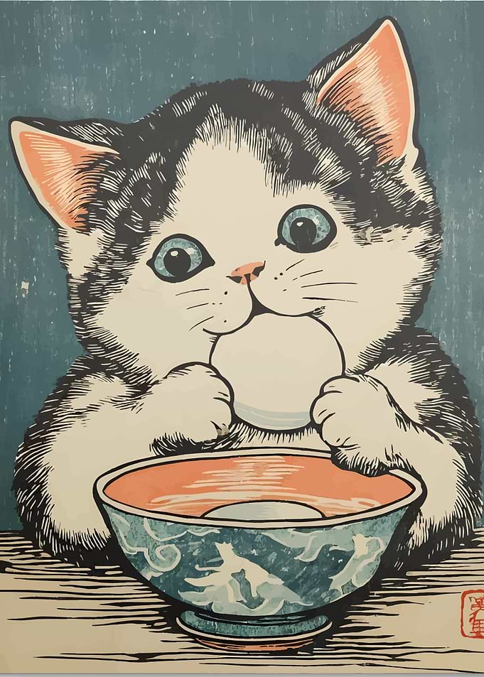 Cute Kitten Eating Mochi Illustration