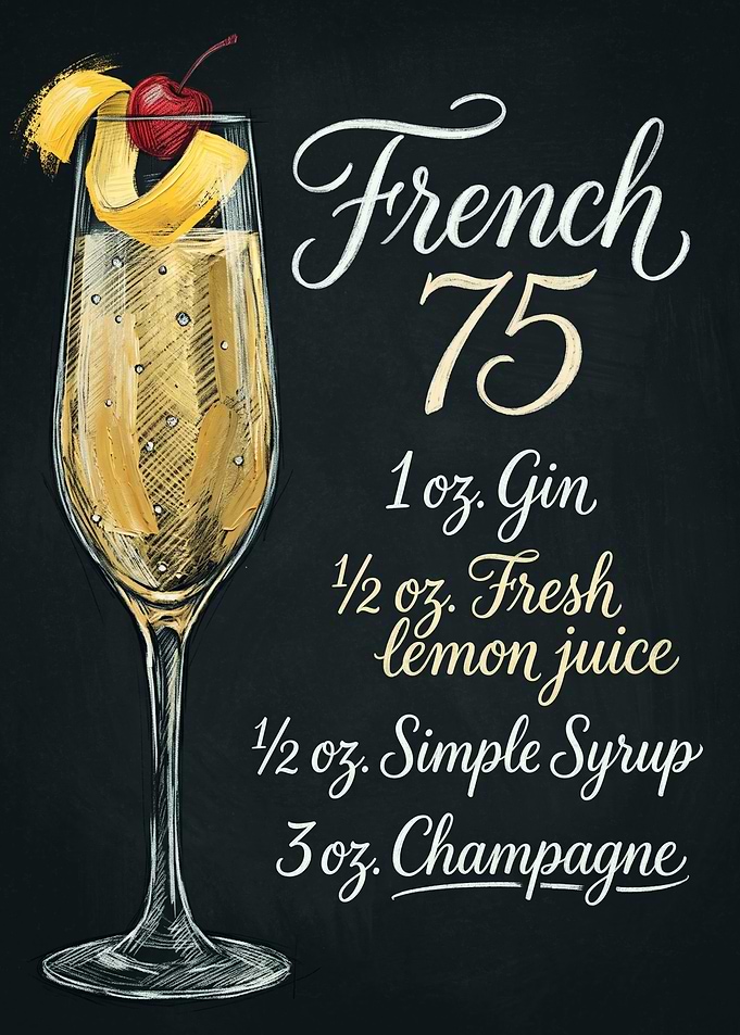 French 75 Cocktail Recipe Chalkboard Art