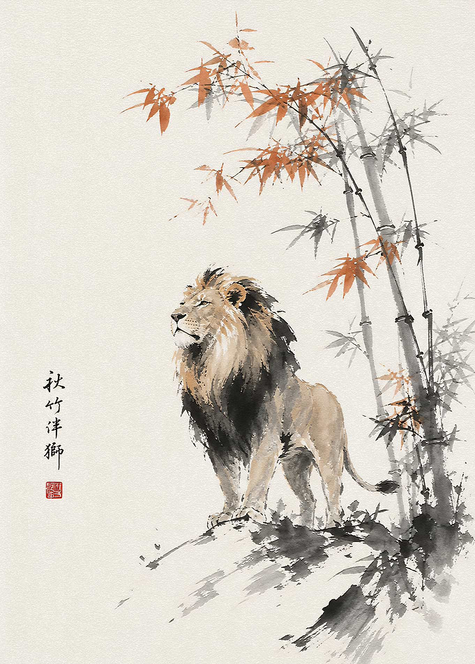 Lion Standing by Bamboo Ink Painting