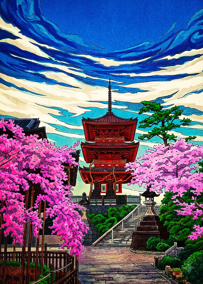 Traditional Japanese Pagoda with Cherry Blossoms