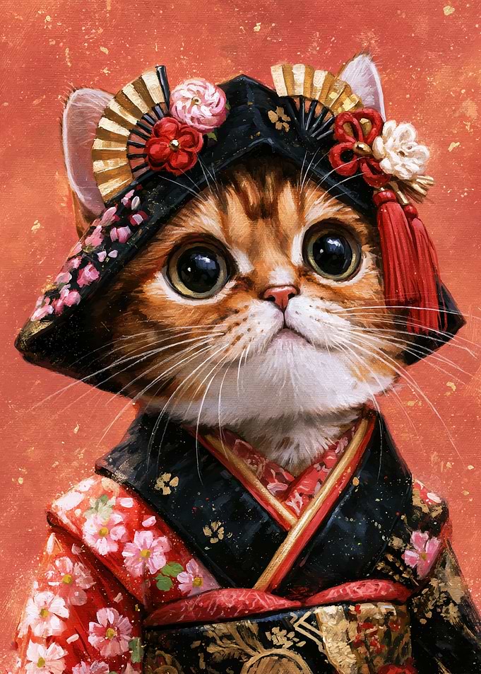 Cute Cat in Traditional Japanese Kimono