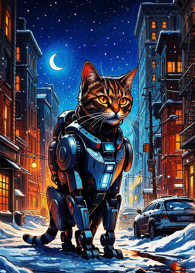 Cybernetic Tabby Cat in Snowy City