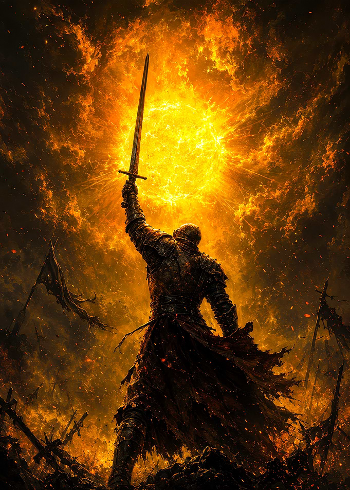 Knight Raising Sword Against Burning Sky