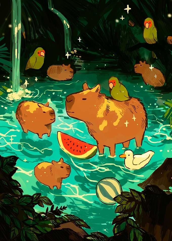 Capybaras Relaxing in Tropical Jungle Pond