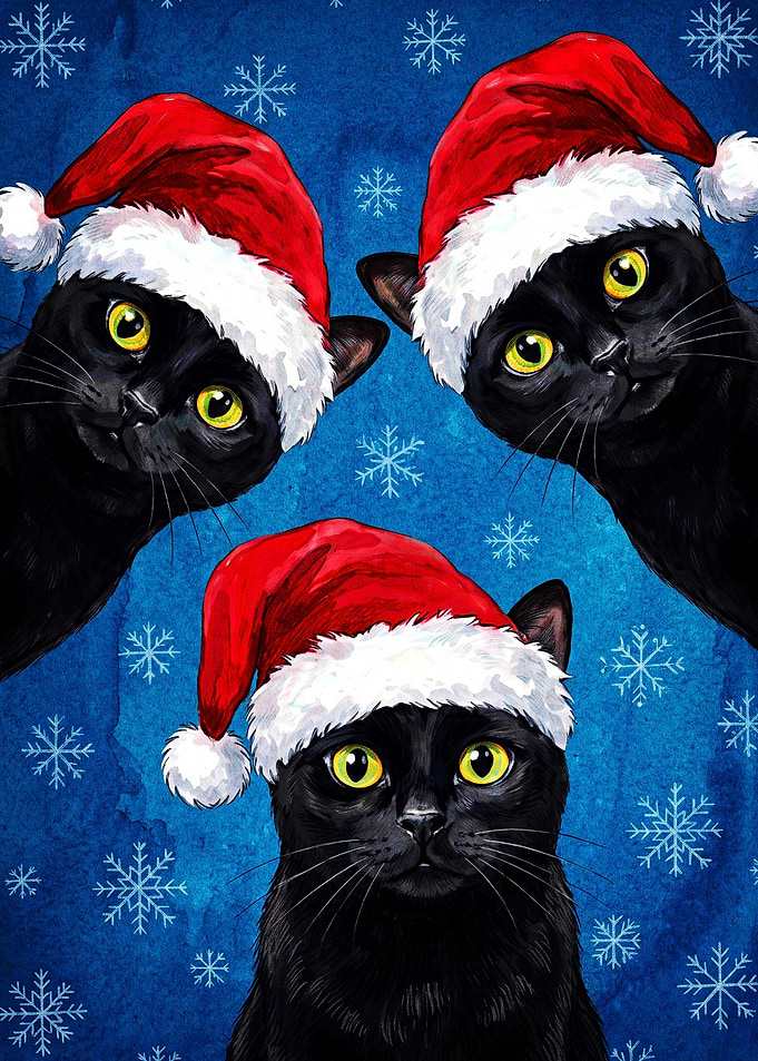 Three Black Cats in Santa Hats