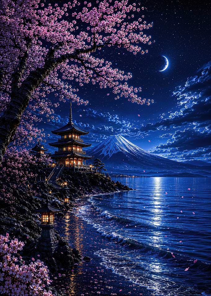 Nighttime Japanese Pagoda and Mount Fuji